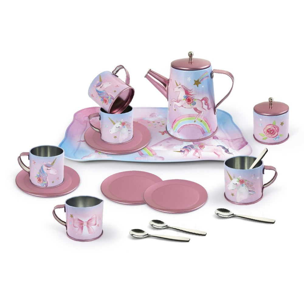 Kids Play Tin Tea Set In Suitcase - Rainbow Unicorn 18Pcs