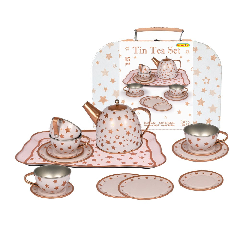 Kids Play Tin Tea Set In Suitcase - Gold Star 15Pcs