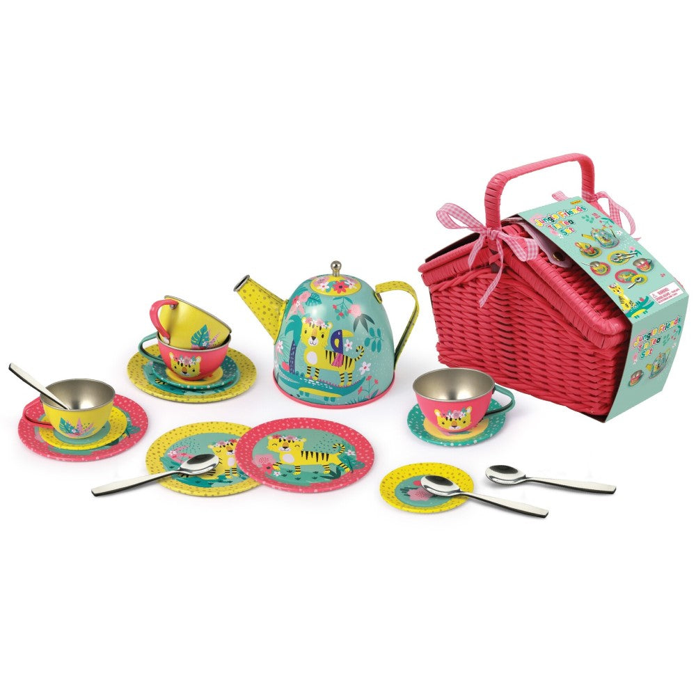 Kids Play Tin Tea Set In Picnic Basket - Tiger 18Pcs