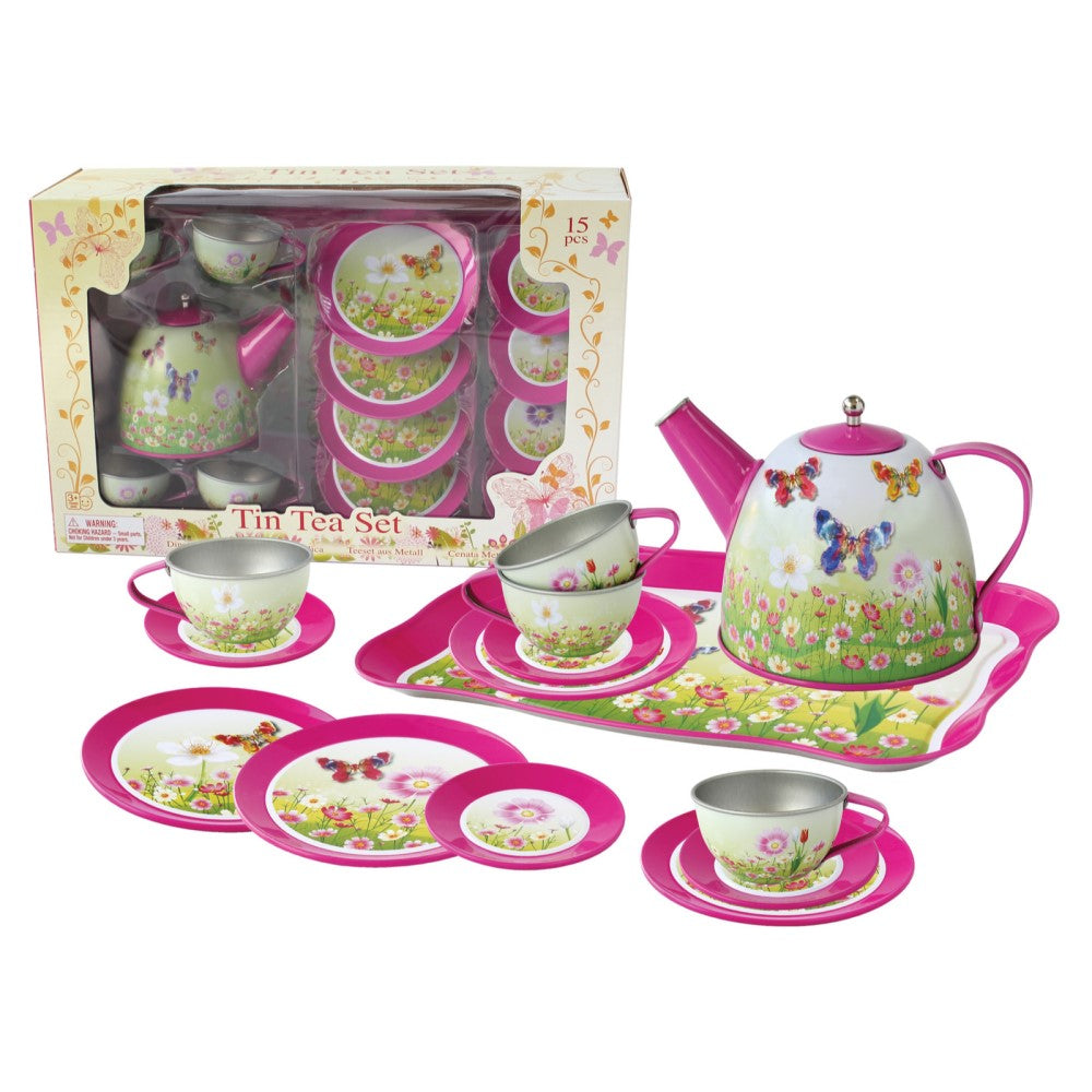 Kids Play Tin Tea Set - Pink Butterfly 15Pcs