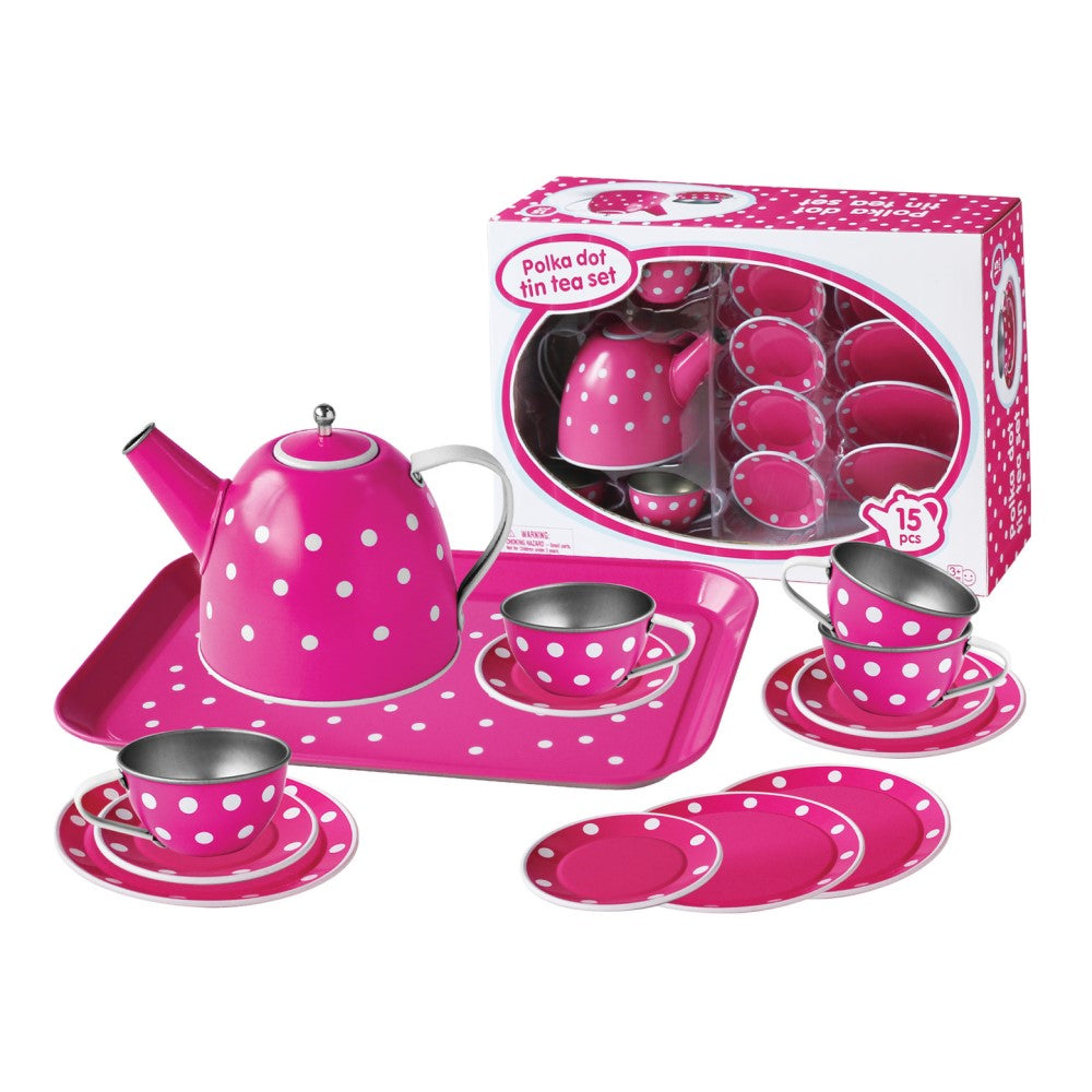 Kids Play Tin Tea Set - White Polka Dots 15Pcs