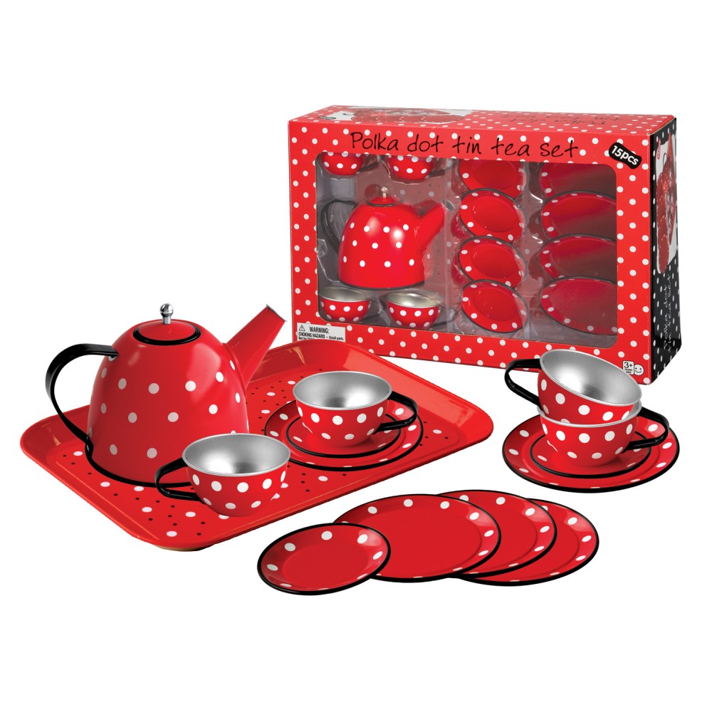 Kids Play Tin Tea Set - White Polka Dots 15Pcs