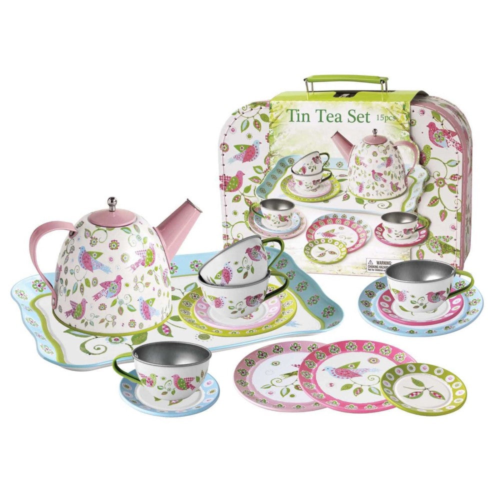 Kids Play Tin Tea Set In Suitcase - Birds 15Pcs