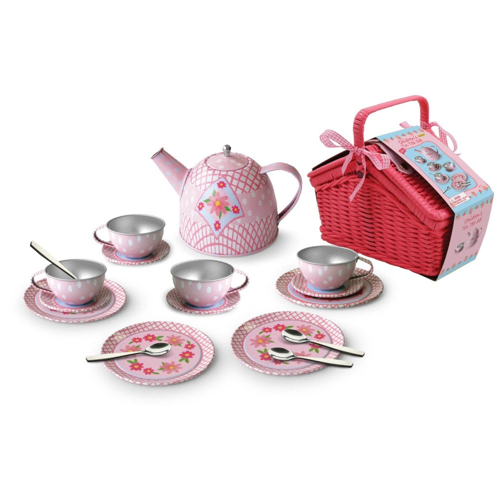 Kids Play Tin Tea Set In Picnic Basket - Flora 18Pcs