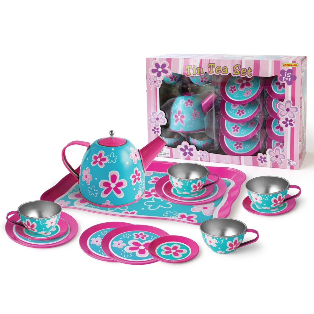 Kids Play Tin Tea Set - Pink Flower 15Pcs