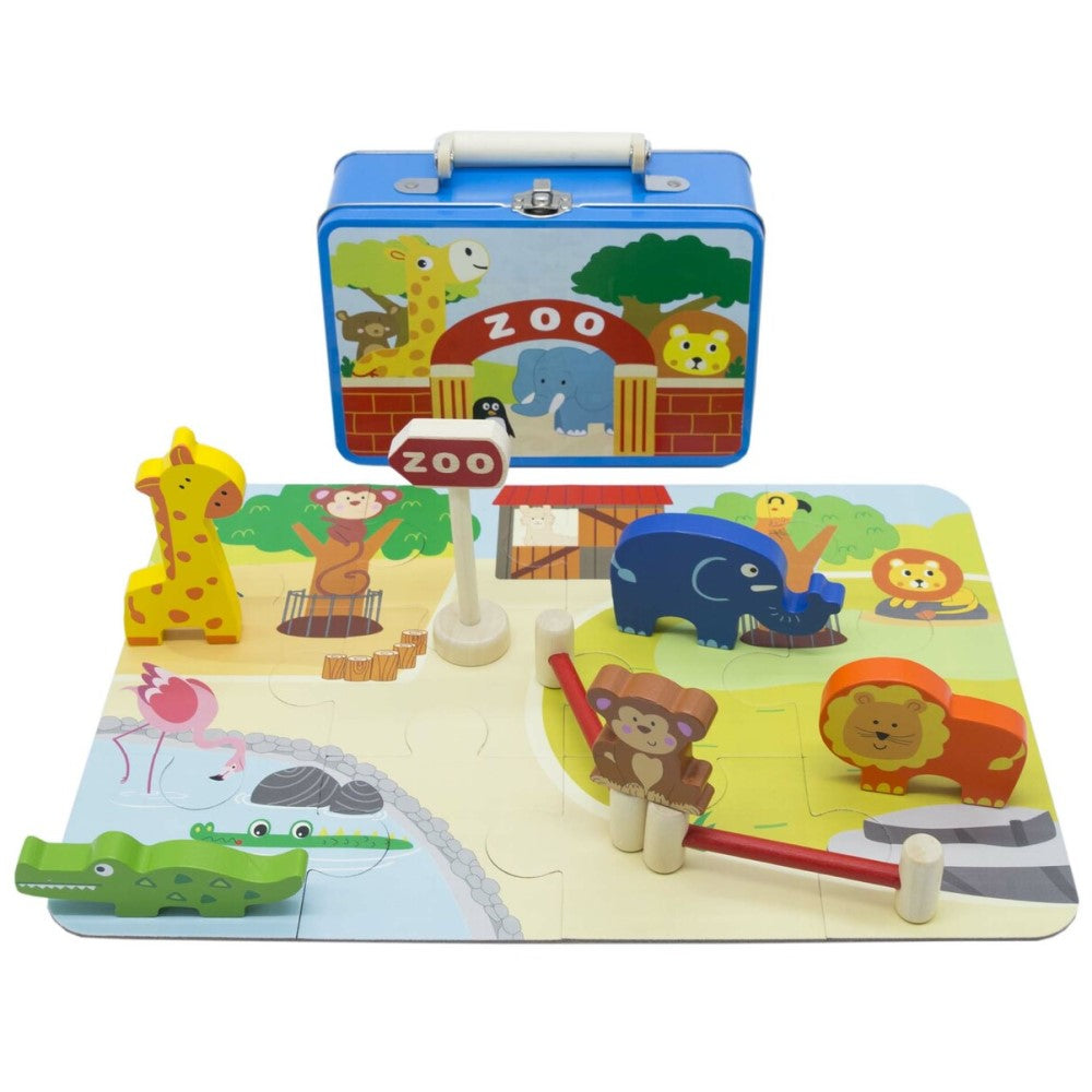 Kids Wooden Zoo Jigsaw Playset In Tin Case