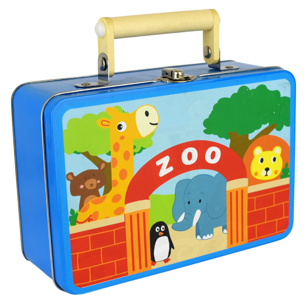 Kids Wooden Zoo Jigsaw Playset In Tin Case