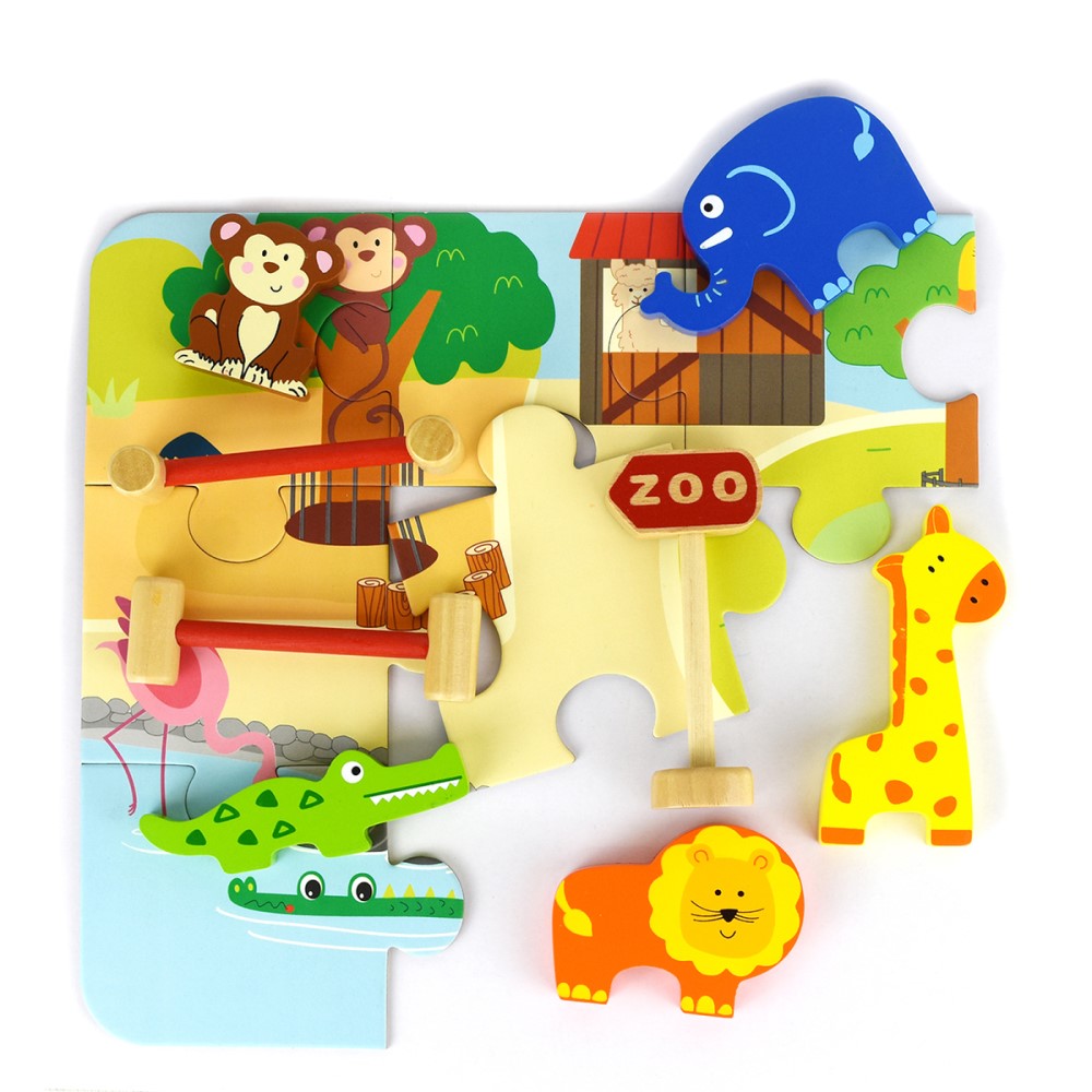 Kids Wooden Zoo Jigsaw Playset In Tin Case