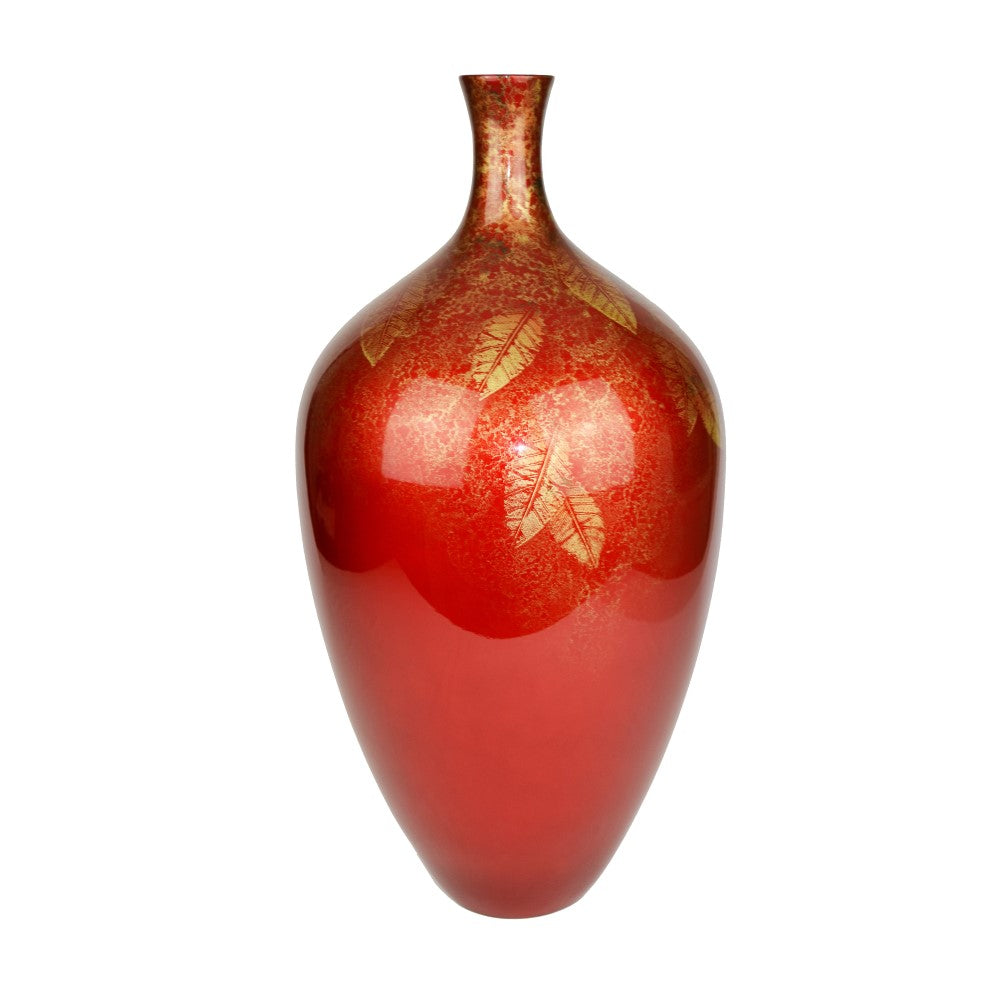 Lacquer Glossy Leaf Printed Vase - Red