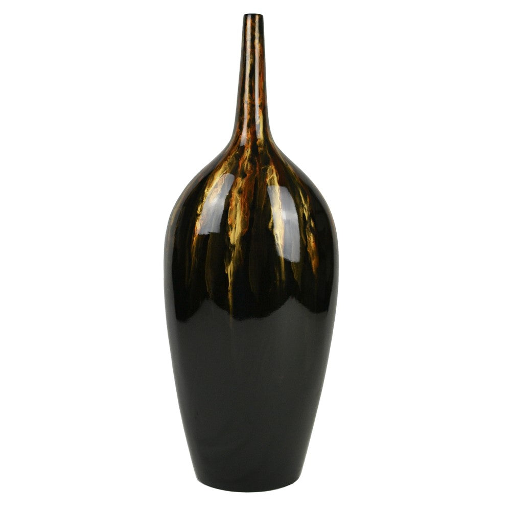 Lacquer Tidings Pattern Tall Style Vase - Black & Gold