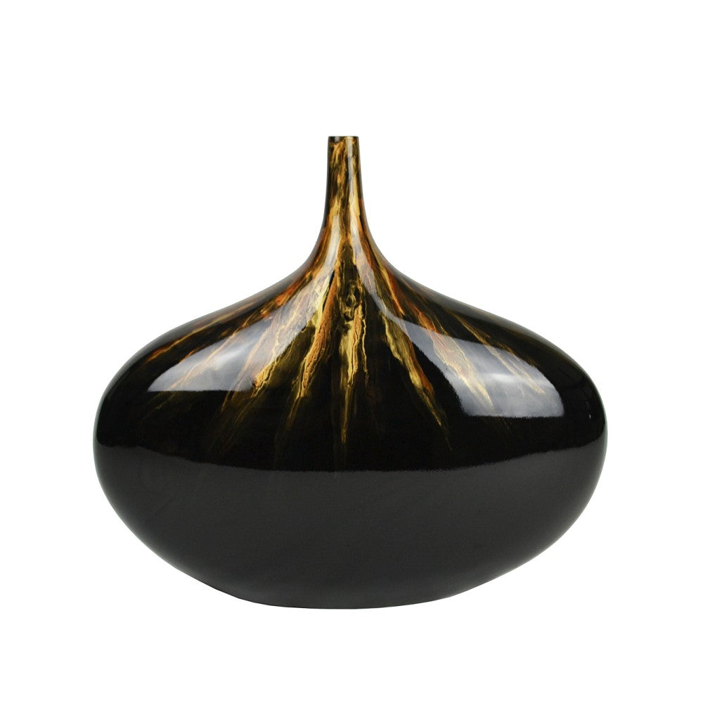 Lacquer Tidings Pattern Wide Style Vase - Black & Gold