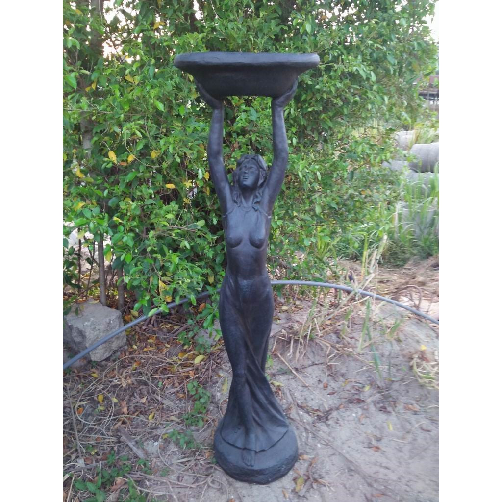 Lady with Bird Feeder Bowl Statue - Black