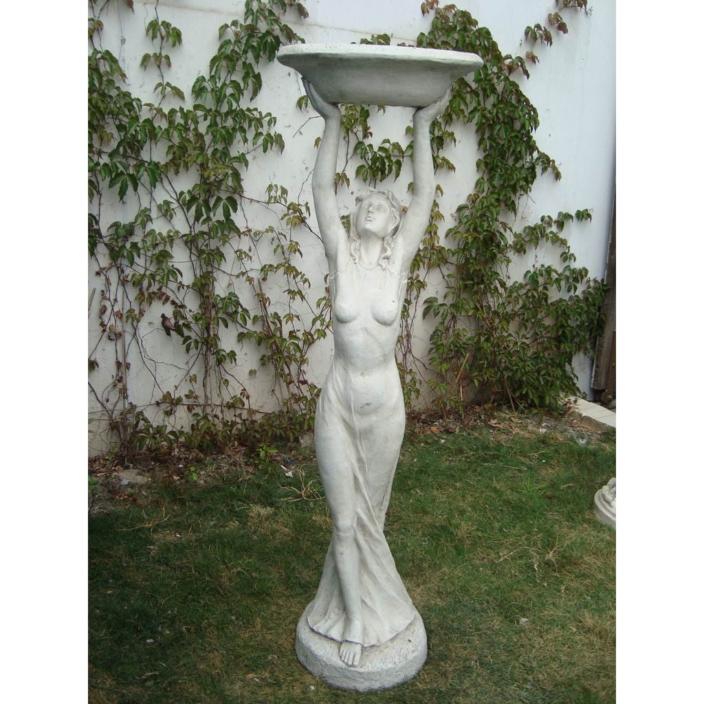 Lady with Bird Feeder Bowl Statue - White