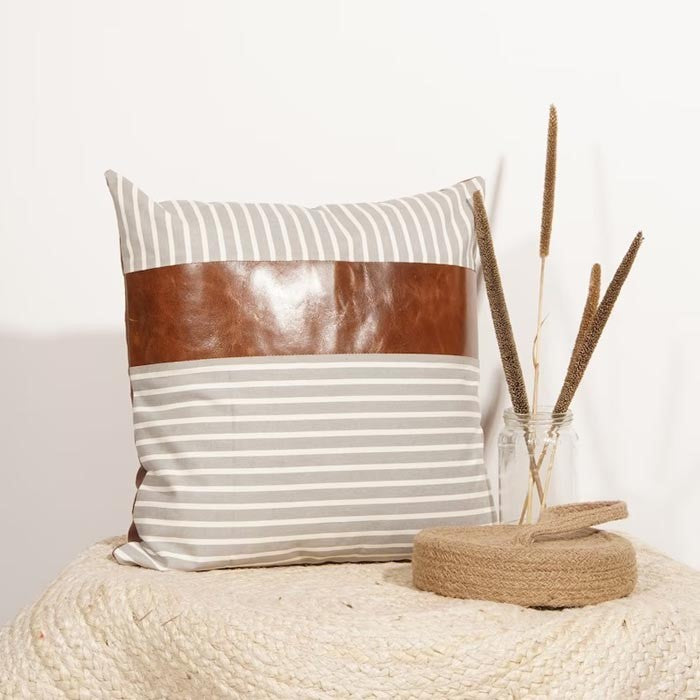 Lined Cotton Leather Patched Cushion Cover 45 x 45cms