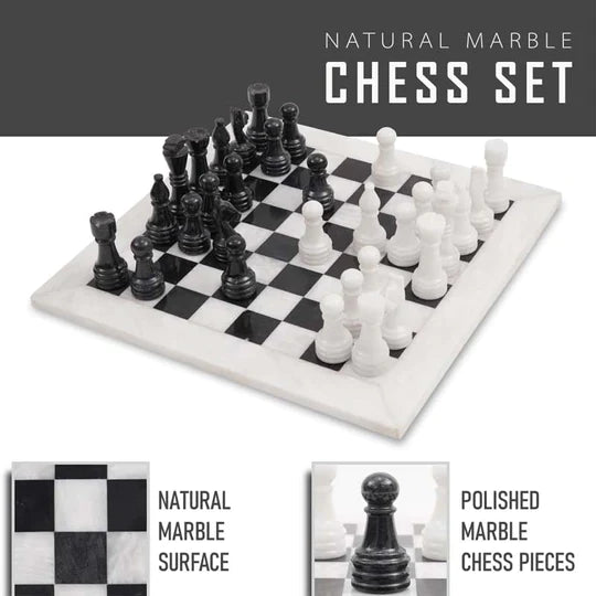 Luxury Marble 38cm Chess Set with Storage Box - Black & White