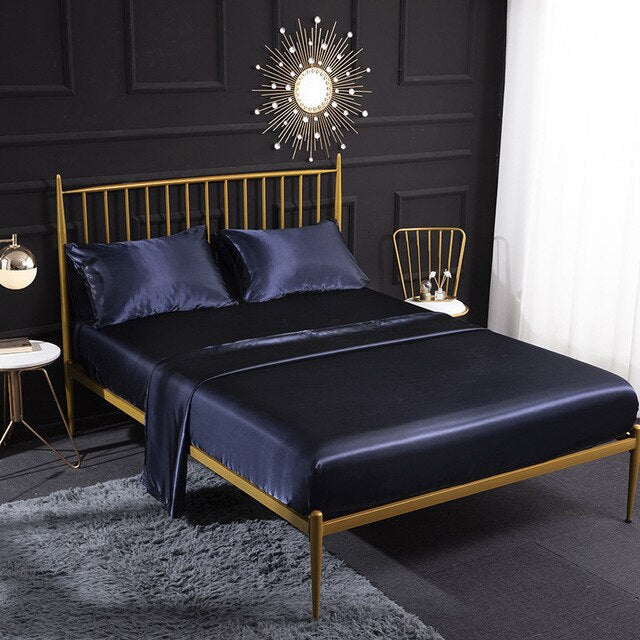 Luxury Silky Fitting Sheet with Pillowcase 180 x 200cms - Navy Blue