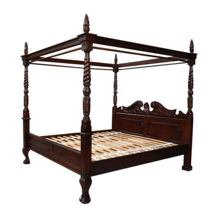 Majestic Queen Anne Four Poster King Size Bed - Dark Mahogany