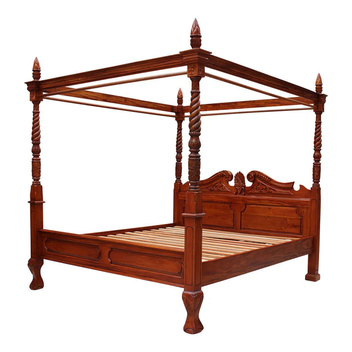 Majestic Queen Anne Four Poster King Size Bed - Light Mahogany