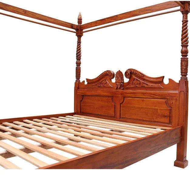 Majestic Queen Anne Four Poster King Size Bed - Light Mahogany