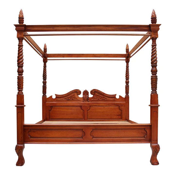 Majestic Queen Anne Four Poster King Size Bed - Light Mahogany