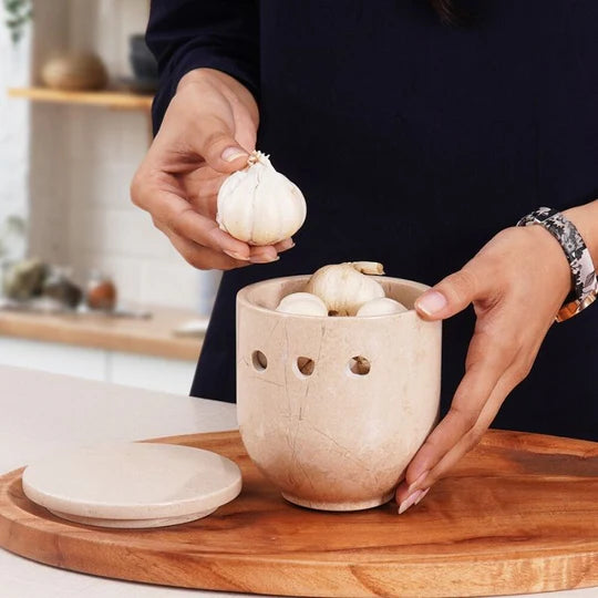 Marble Garlic Storage Jar - Beige