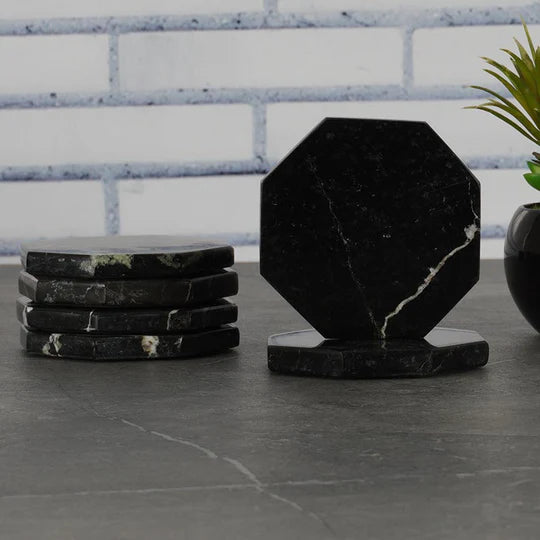 Marble Hexagon Shaped Coaster Plates - Black