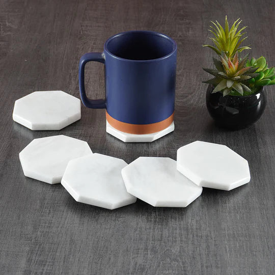 Marble Hexagon Shaped Coaster Plates - White