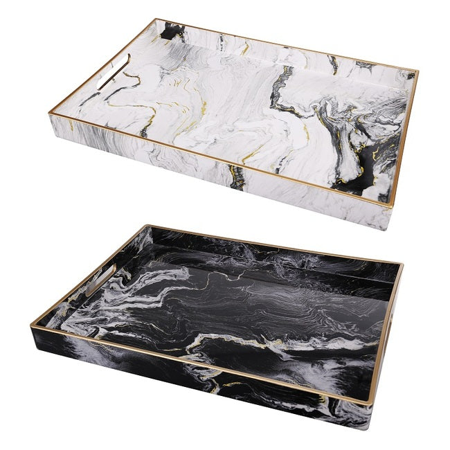 Marble Patterned Black & White Set of 2 Trays