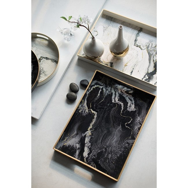 Marble Patterned Black & White Set of 2 Trays