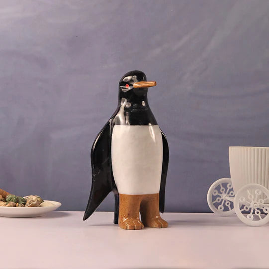 Marble Sculpture Penguin Figurine 25cm - Black & White