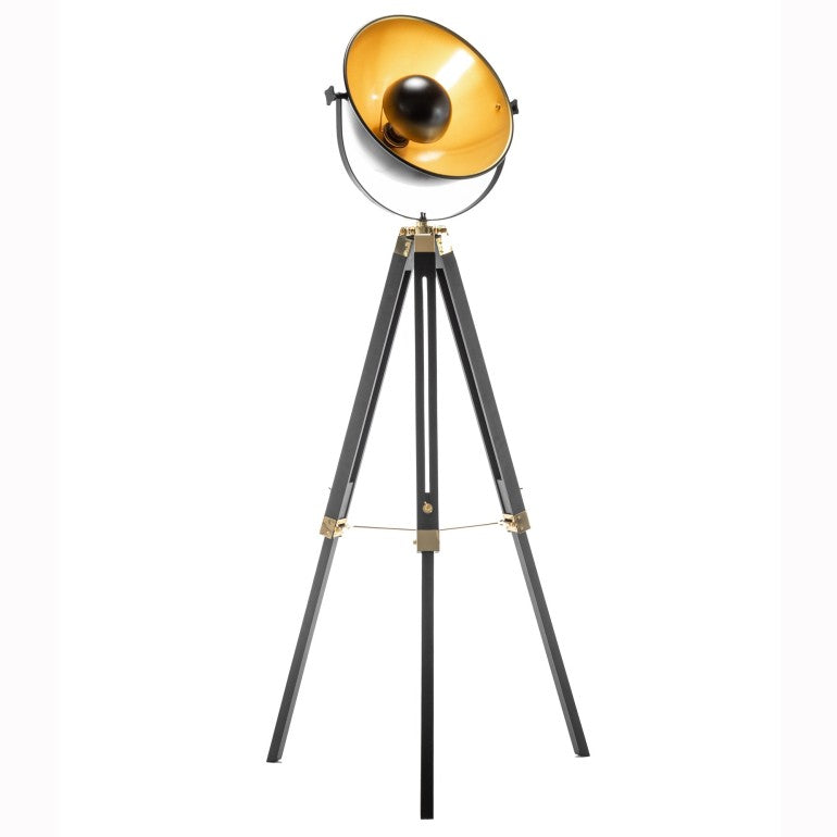 Matte Black Tripod Spotlight with Gold Inside Bowl