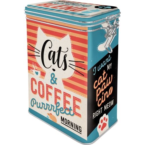 Metal Clip Top Tin Storage Box - Cats & Coffee