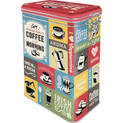 Metal Clip Top Tin Storage Box - Coffee Collage