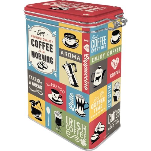 Metal Clip Top Tin Storage Box - Coffee Collage