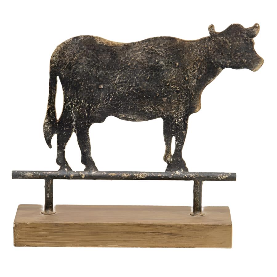 Metal Cow Statue on Wooden Base