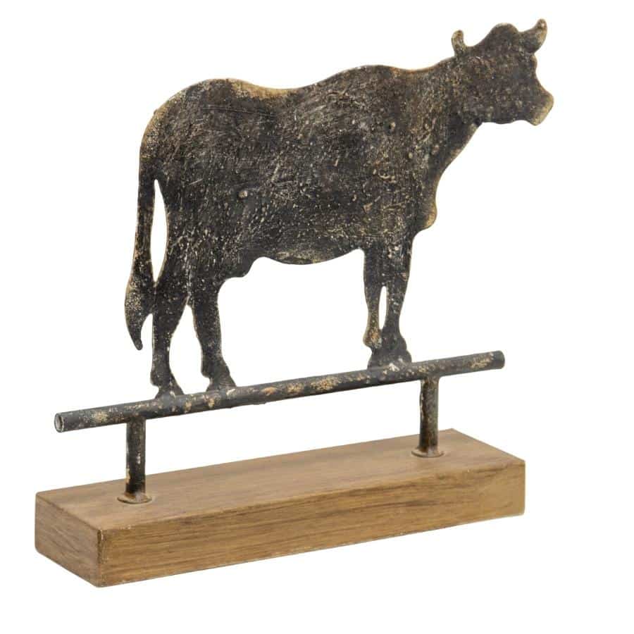 Metal Cow Statue on Wooden Base