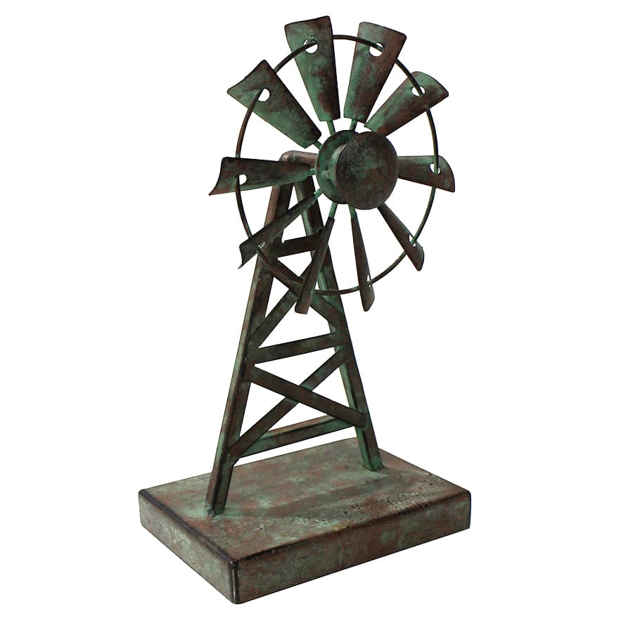 Metal Decorative Galvanized Windmill Ornament on Base - 26cms