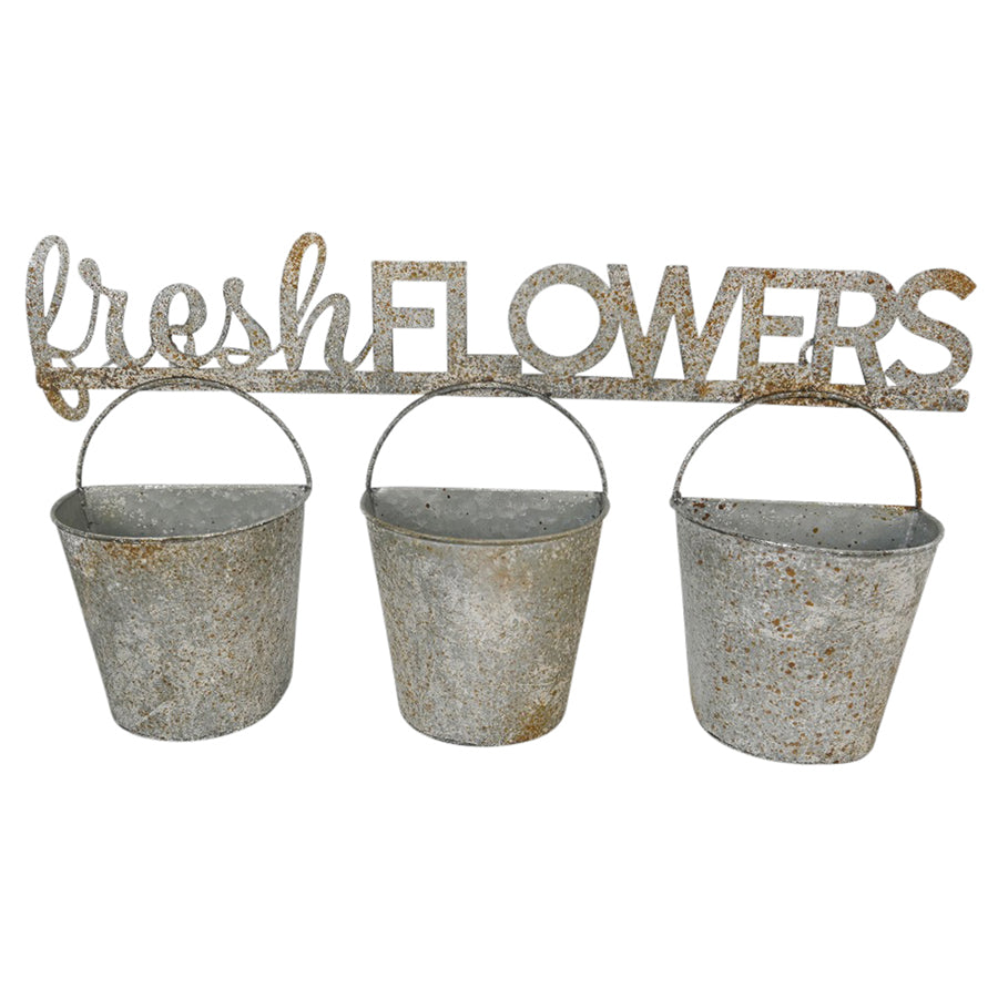 Metal Three Bucket 'Fresh Flowers' Wall Planter