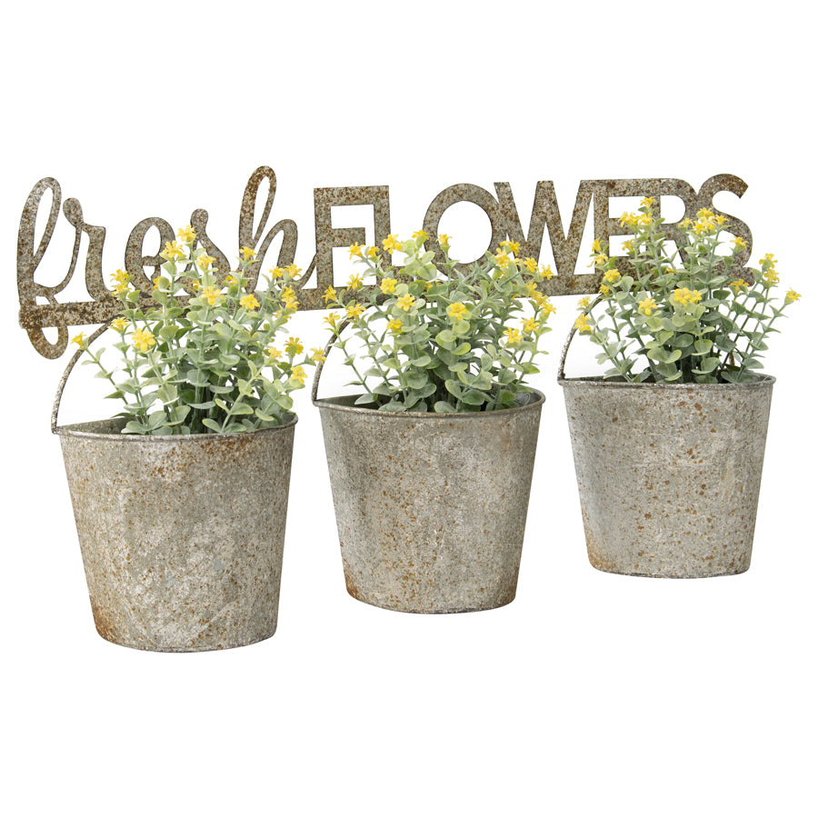 Metal Three Bucket 'Fresh Flowers' Wall Planter