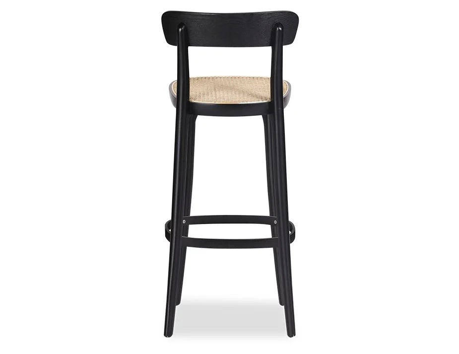 Mid-Century Modern Black Stool with Cane Seat - 74cms