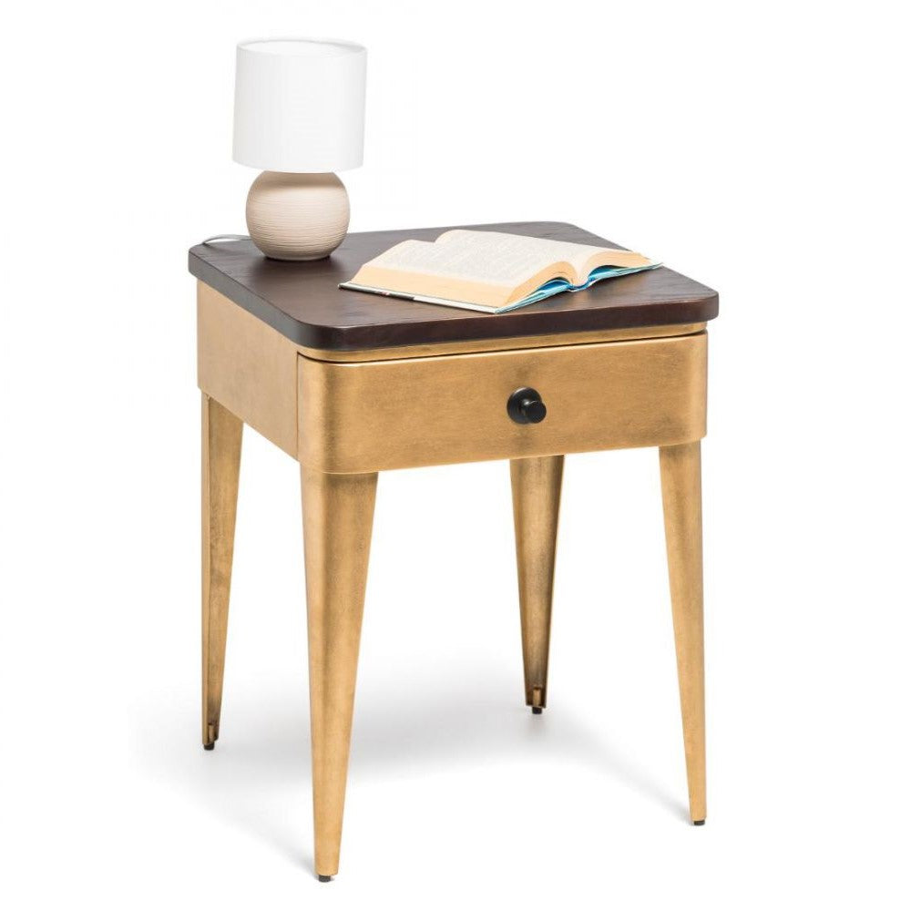 Modern Brass Finish Wood Top Iron Bedside Table