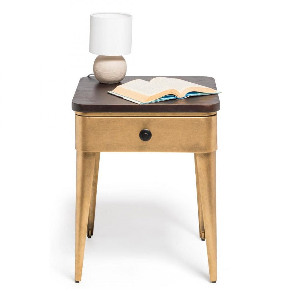 Modern Brass Finish Wood Top Iron Bedside Table