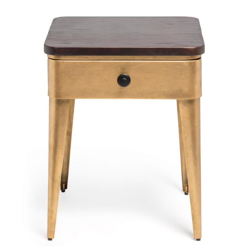 Modern Brass Finish Wood Top Iron Bedside Table