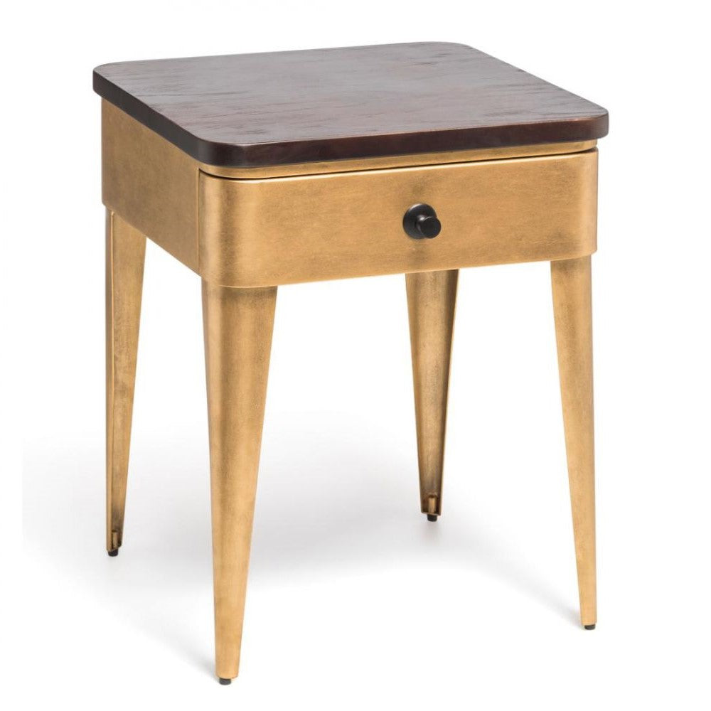 Modern Brass Finish Wood Top Iron Bedside Table