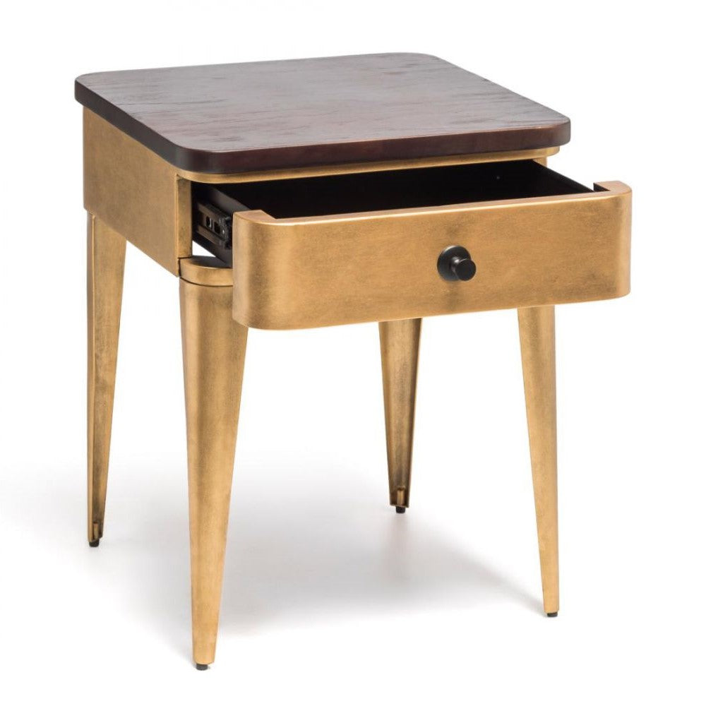 Modern Brass Finish Wood Top Iron Bedside Table