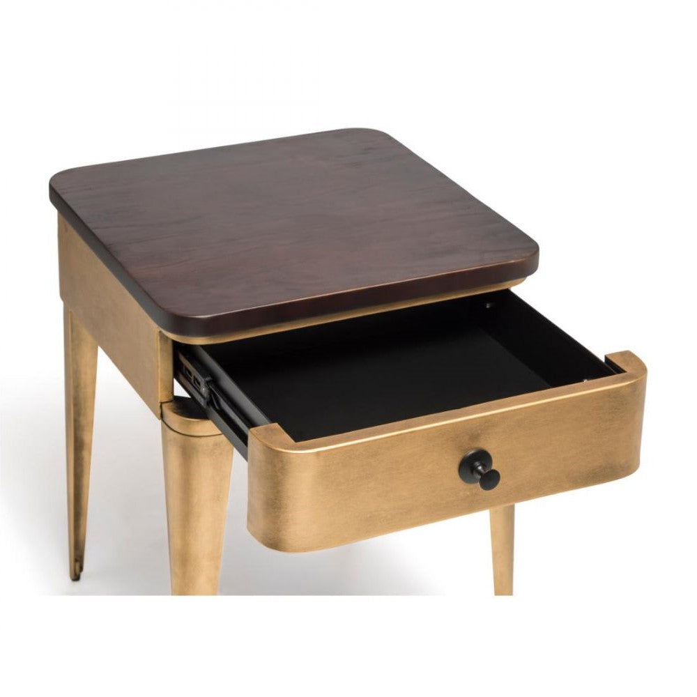 Modern Brass Finish Wood Top Iron Bedside Table