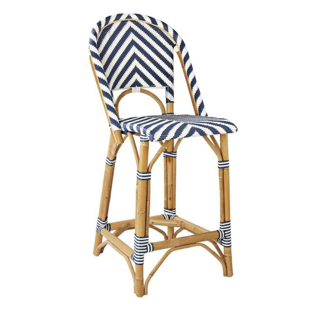 Modern Coastal Style Rattan TALL Dining Chair - Navy Blue Chevron