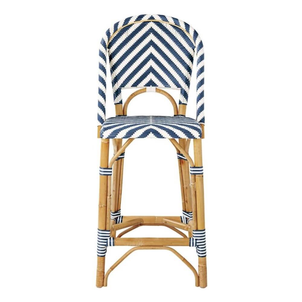 Modern Coastal Style Rattan TALL Dining Chair - Navy Blue Chevron