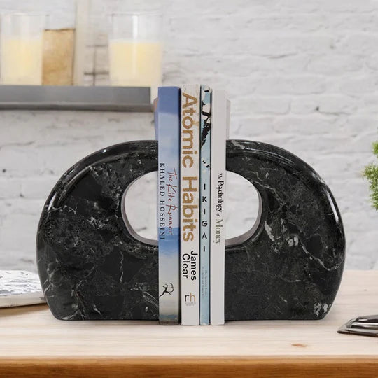 Modern Elegance Curve Design Marble Bookends - Black