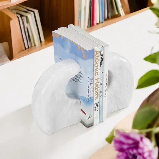 Modern Elegance Curve Design Marble Bookends - White